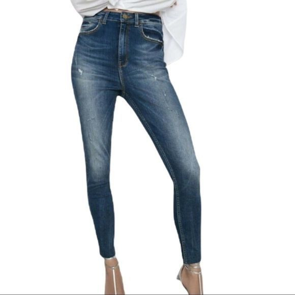 Zara Denim - ZARA High Rise Distressed Raw Hem Skinny Jeans Size 2